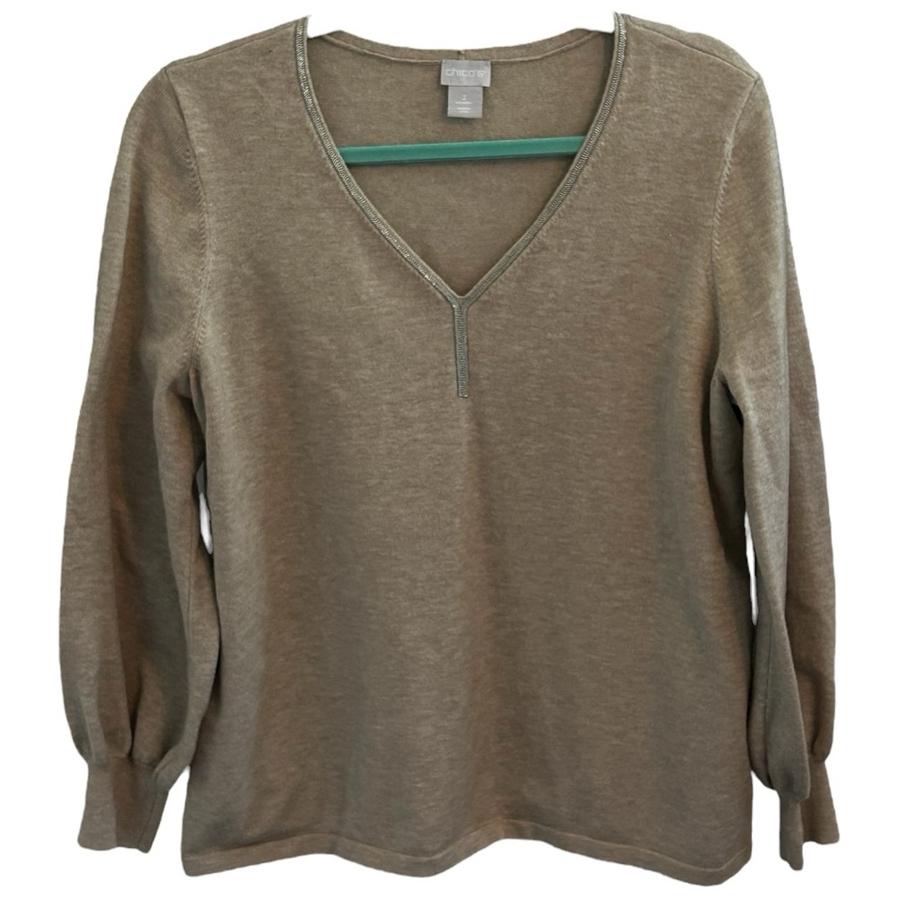 Chico’s Women’s Long Sleeve‎ V Neck Tan Pullover Top  Sz 2(L)